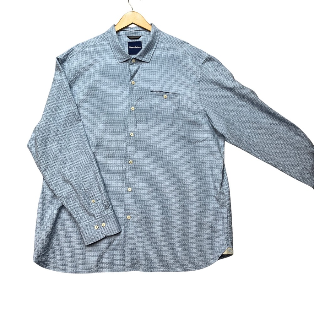 Tommy Bahama Button Down Shirt Mens XL Blue Textured Silk Long Sleeve Marlin EUC